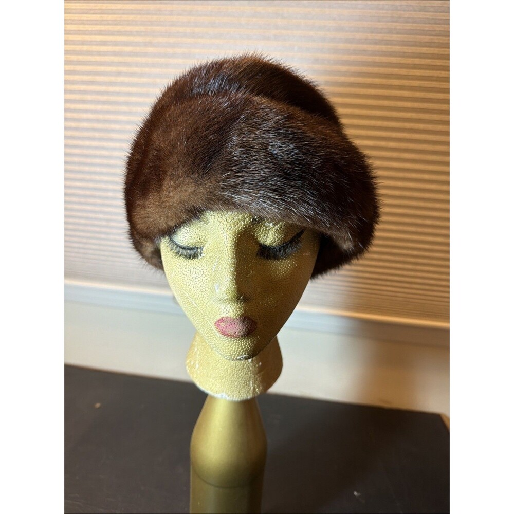 Vtg Mr. John Fabulous Furs Natural Mink Hat Brown Pillbox 1960s Mid Century Glam